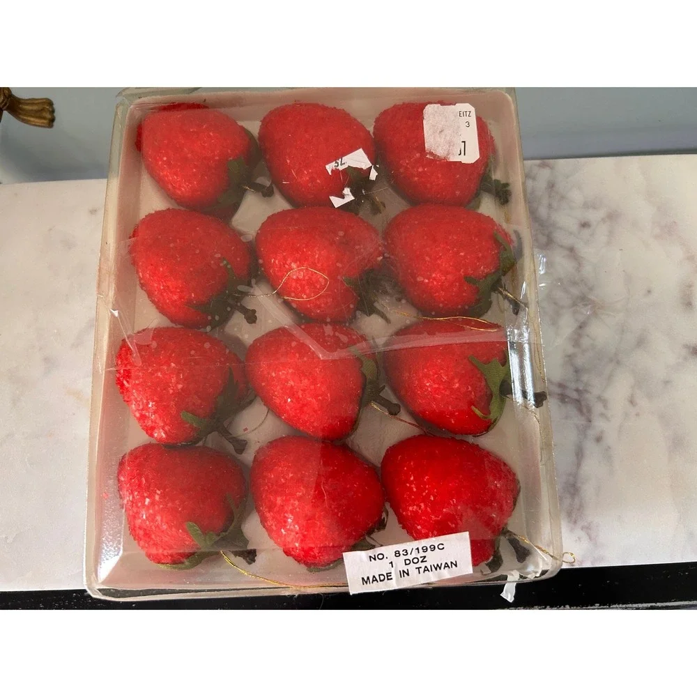 Vintage Sugared Strawberry Ornaments Set of 12 Red Faux Fruit Made in Taiwan